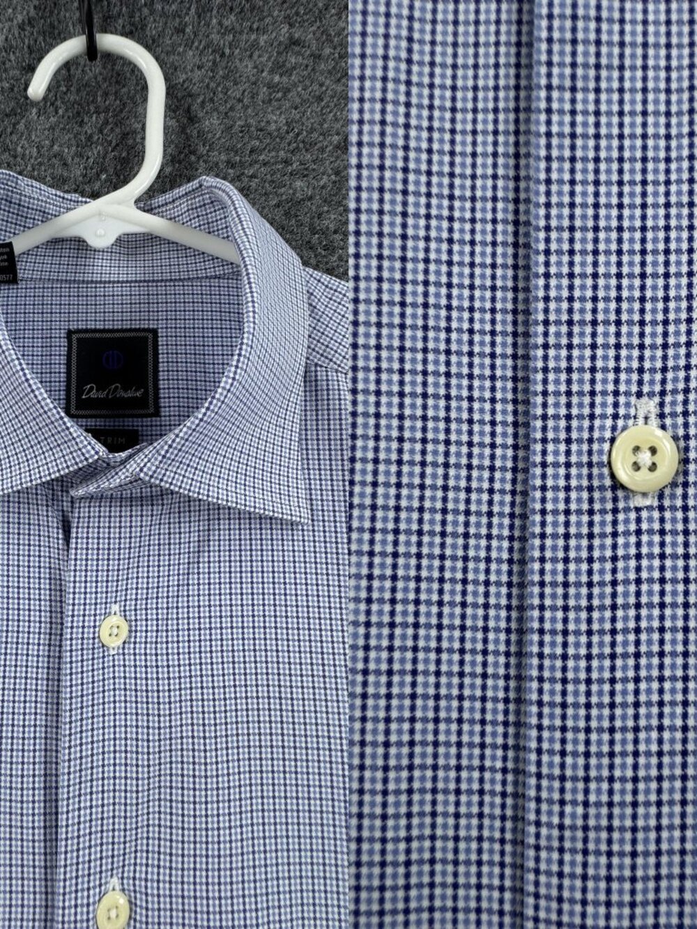 David Donahue Logo Mens Blue White 16.5 32/33 Trim Check Cotton Button Up Office